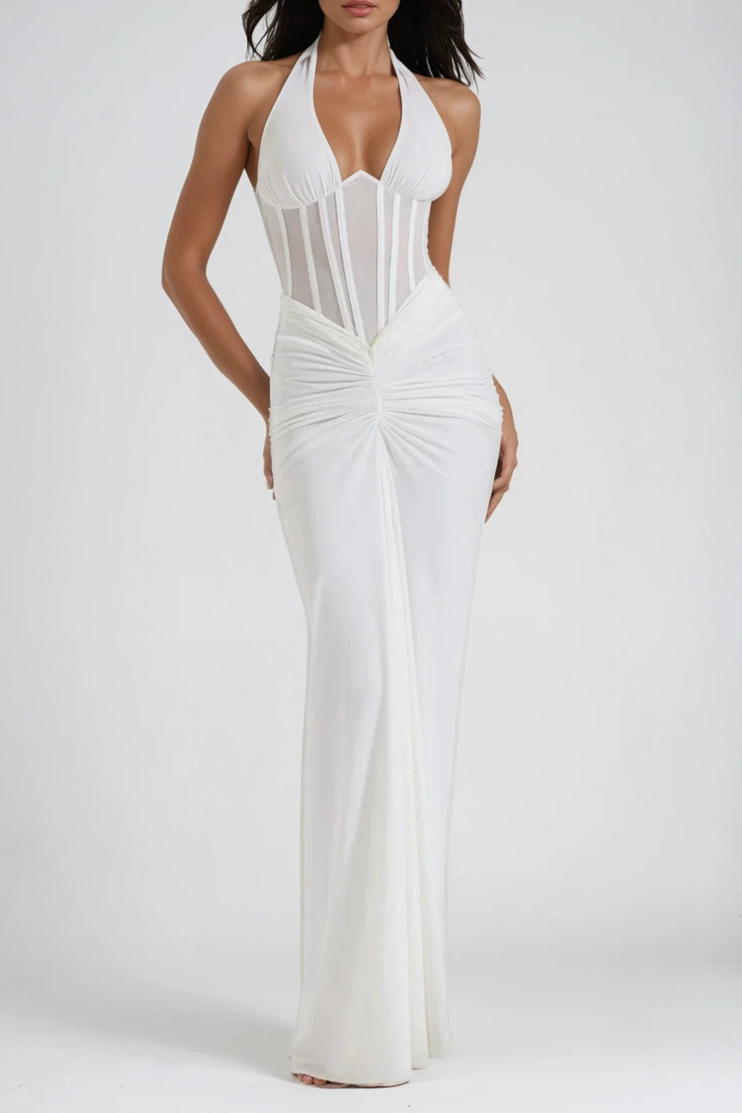 Elara Halter Corset Ruched Maxi Dress – Alvaye