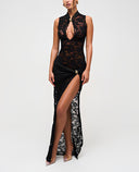 Serena Sculpted Lace Slit Evening Maxi Dress