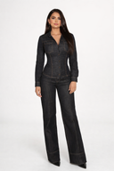 Alina Denim Two Piece Set Button Up Top Wide Leg Pants