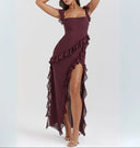 Ariela Ruffle Trim High Slit Maxi Dress 0