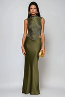 Aviora Draped High Neck Satin Skirt Set
