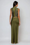 Aviora Draped High Neck Satin Skirt Set