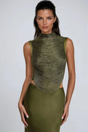 Aviora Draped High Neck Satin Skirt Set