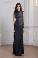 Aviora Draped High Neck Satin Skirt Set In Black