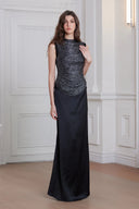 Aviora Draped High Neck Satin Skirt Set In Black