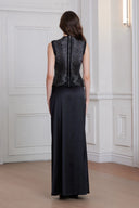 Aviora Draped High Neck Satin Skirt Set In Black