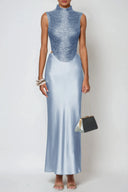 Aviora Draped High Neck Satin Skirt Set In Sky Blue