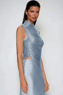 Aviora Draped High Neck Satin Skirt Set In Sky Blue