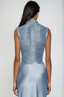Aviora Draped High Neck Satin Skirt Set In Sky Blue