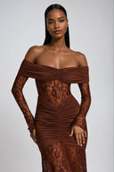 Serena Strapless Ruched Lace Maxi Dress