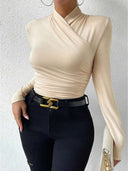 Cross-Over Collar Pleated Cinched T-Shirt 2