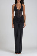 Elara Halter Corset Ruched Maxi Dress