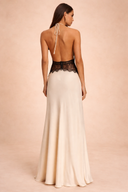 Elara Halter Satin Lace Open Back Maxi Dress