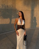 Elara Halter Satin Lace Open Back Maxi Dress