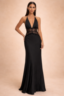 Elara Halter Satin Lace Open Back Maxi Dress
