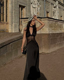 Elara Halter Satin Lace Open Back Maxi Dress