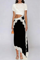 Elowen Asymmetrical Satin Lace Maxi Dress Cutout