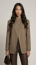 Heliora Structured Plaid Stand Neck Blazer