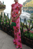 Roselle Rose Print Floral Cheongsam Maxi Dress