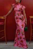 Roselle Rose Print Floral Cheongsam Maxi Dress