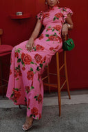 Roselle Rose Print Floral Cheongsam Maxi Dress