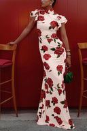 Roselle Rose Print Floral Cheongsam Maxi Dress