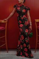 Roselle Rose Print Floral Cheongsam Maxi Dress