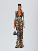Saskia Leopard Lace Halter Maxi Dress