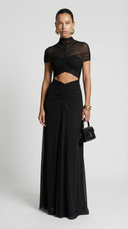 Seraphine Ruched Mesh Cut-Out Maxi Dress High Neck