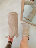 Serena Slouch Knee High Heeled Boots Apricot