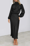 Sienna High Neck Draped Satin Midi Dress