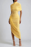 Solenne Draped High Neck Asymmetric Midi Dress