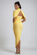 Solenne Draped High Neck Asymmetric Midi Dress