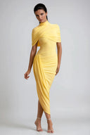 Solenne Draped High Neck Asymmetric Midi Dress