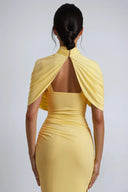 Solenne Draped High Neck Asymmetric Midi Dress