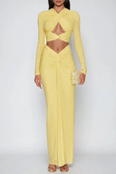 Solenne Two Piece Set Ruched Maxi Skirt Long Sleeve Crop Top