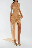 Soraya Ruched Scarf Strapless Asymmetrical Mini Dress