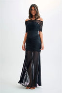 Sorella Off Shoulder Ruched Maxi Dress Sheer Skirt