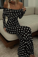 Veloura Ruched Off Shoulder Polka Dot Maxi Dress