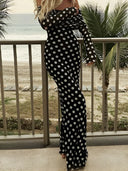 Veloura Ruched Off Shoulder Polka Dot Maxi Dress