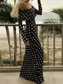 Veloura Ruched Off Shoulder Polka Dot Maxi Dress