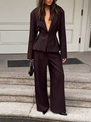 Veloura V-neck Blazer Set Wide Leg Pants