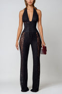 Zaria Lace Plunge Halter Cutout Jumpsuit