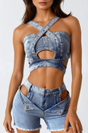 Zerina Denim Top and Pants Set Cut Out Crop Top High Waist Pants