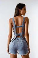 Zerina Denim Top and Pants Set Cut Out Crop Top High Waist Pants